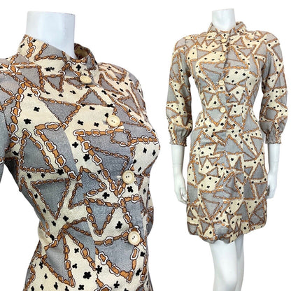 VINTAGE 60s 70s CREAM SILVER BROWN GLITTERY GEOMETRIC CHAIN MOD SHORT DRESS 10