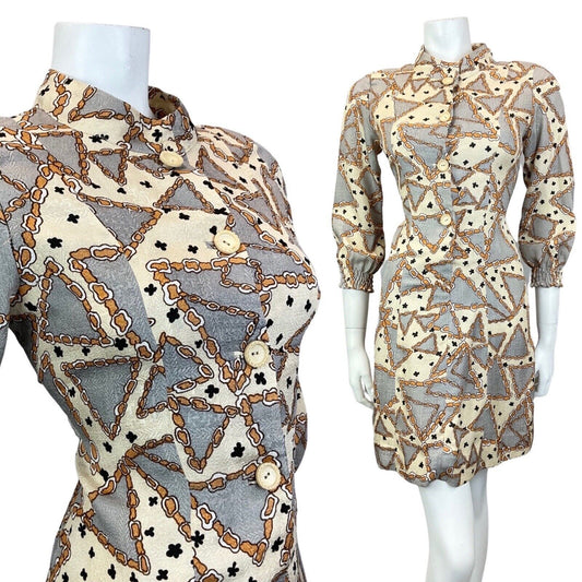 VINTAGE 60s 70s CREAM SILVER BROWN GLITTERY GEOMETRIC CHAIN MOD SHORT DRESS 10