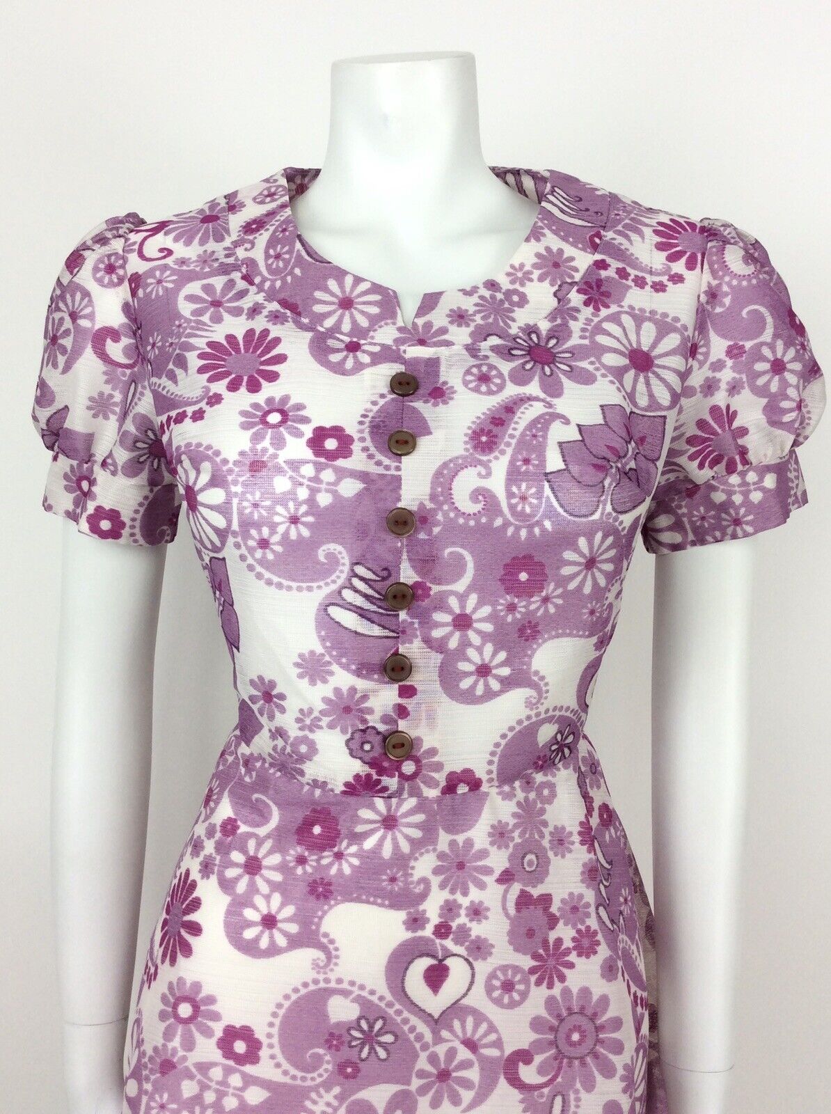 VINTAGE 60s 70s FLORAL PAISLEY PURPLE WHITE LILAC SHEER SUMMER DRESS 12 14