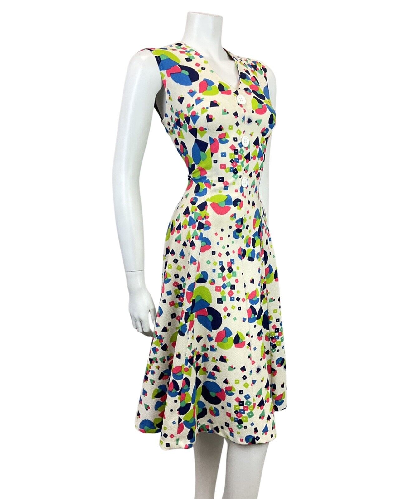 VINTAGE 60s 70s CREAM GREEN PINK GEOMETRIC PSYCHEDELIC SLEEVELESS SWING DRESS 12