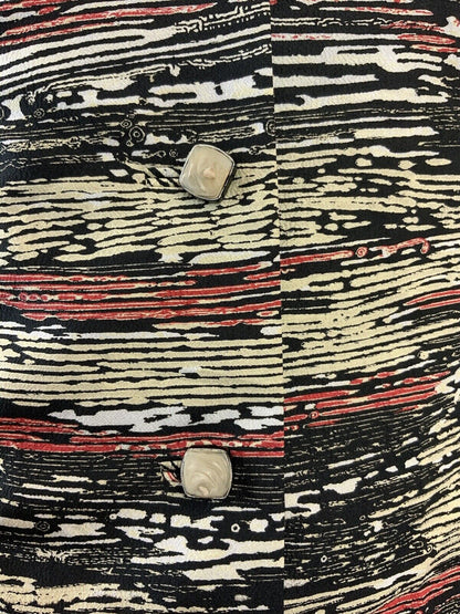 VINTAGE 60s 70s CREAM BLACK RED STRIPED WOOD GRAIN MOD DAGGER SHIRT DRESS 10 12