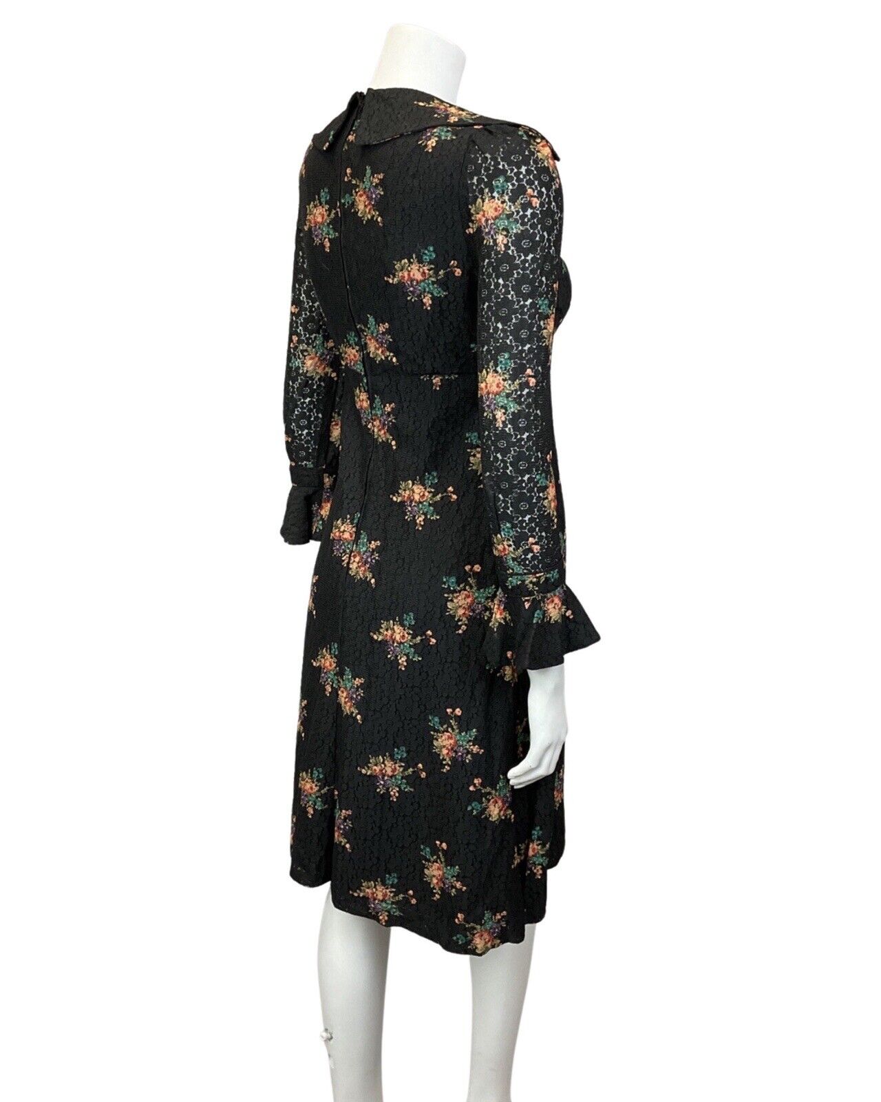 VINTAGE 60s 70s BLACK GREEN LILAC BOUQUET FLORAL LACE RUFFLE SHORT DRESS 8
