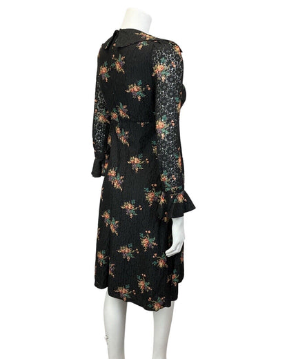 VINTAGE 60s 70s BLACK GREEN LILAC BOUQUET FLORAL LACE RUFFLE SHORT DRESS 8