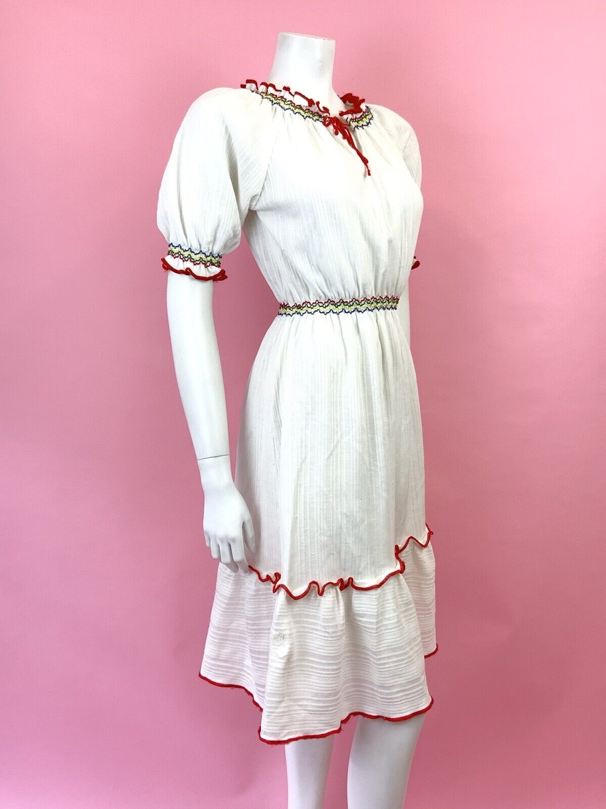 VINTAGE 60s 70s WHITE RED BLUE GREEN RUFFLE PRAIRIE BOHO DRESS 8 10