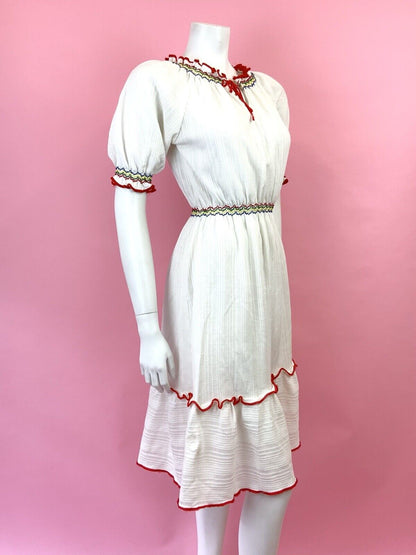 VINTAGE 60s 70s WHITE RED BLUE GREEN RUFFLE PRAIRIE BOHO DRESS 8 10