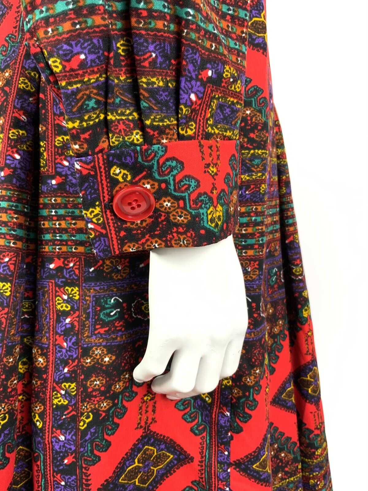 VINTAGE 60s 70s RED GREEN BLACK YELLOW PERSIAN FLORAL WING SHIRT DRESS 10 12