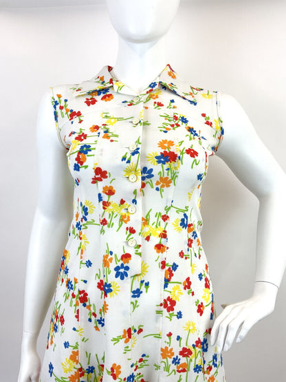 VINTAGE 60s 70s WHITE RED BLUE GREEN FLORAL MOD SLEEVELESS DAGGER SHIRT DRESS 16