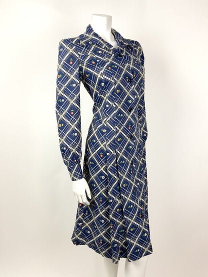 VTG 60s 70s BLUE WHITE SILVER RED PLAID CHECKED DAISY FLORAL SHIRT DRESS 12 14