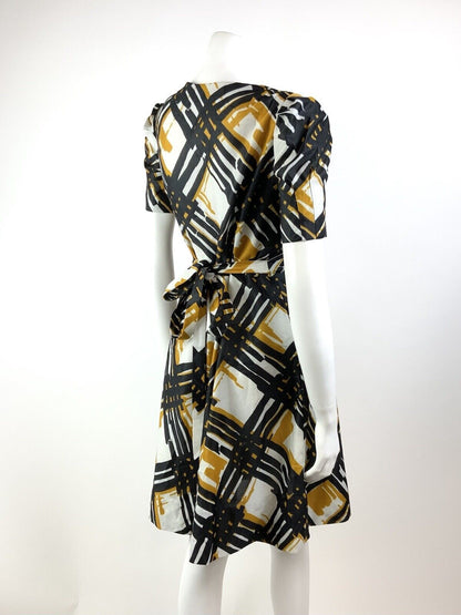 VINTAGE 60s 70s WHITE BLACK YELLOW GEOMETRIC CHECKED PUFF SLEEVE TEA DRESS 10
