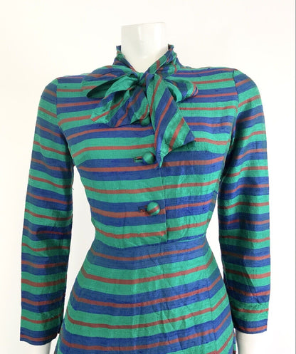 VINTAGE 60s 70s GREEN BLUE RED STRIPED METALLIC PUSSYBOW MOD SILK DRESS 10 12