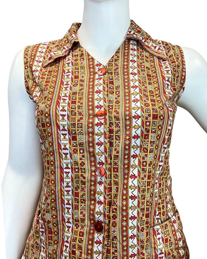VINTAGE 60s 70s YELLOW RED WHITE GEOMETRIC AZTEC SLEEVELESS DAGGER SHIRT 14 16