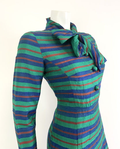 VINTAGE 60s 70s GREEN BLUE RED STRIPED METALLIC PUSSYBOW MOD SILK DRESS 10 12