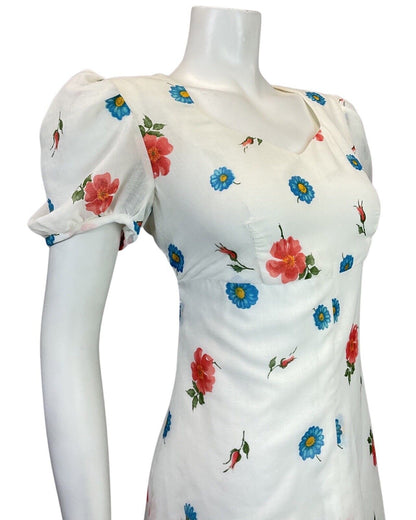 VINTAGE 60s 70s WHITE RED BLUE FLORAL GARDEN SHEER PUFF SLEEVE MOD DRESS 12