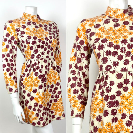 VINTAGE 60s 70s MOD CREAM ORANGE PURPLE FLORAL LACE EMBROIDERY SHORT DRESS 8 10