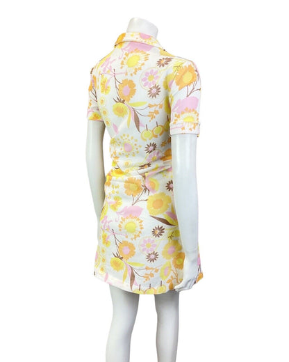 VINTAGE 60s WHITE YELLOW PINK DAISY FLORAL LACE-UP DAGGER SHIRT DRESS 12 14