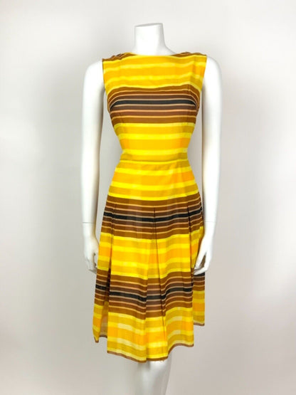VINTAGE 60s 70s YELLOW ORANGE BROWN STRIPED SHEER SUMMER DRESS 10