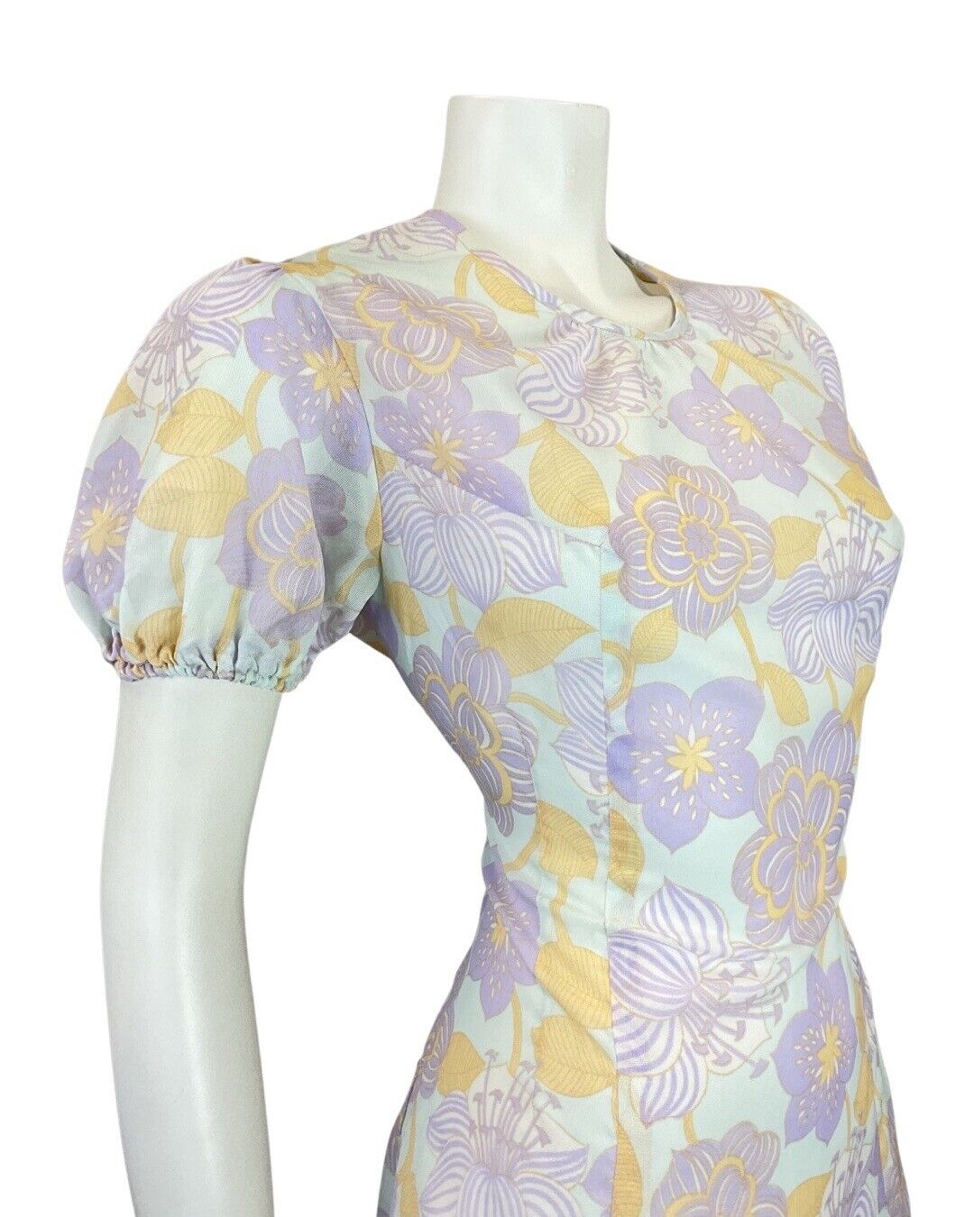 VINTAGE 60s 70s PURPLE BLUE YELLOW FLORAL MOD PUFF SLEEVE SWING DRESS 10 12