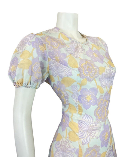 VINTAGE 60s 70s PURPLE BLUE YELLOW FLORAL MOD PUFF SLEEVE SWING DRESS 10 12