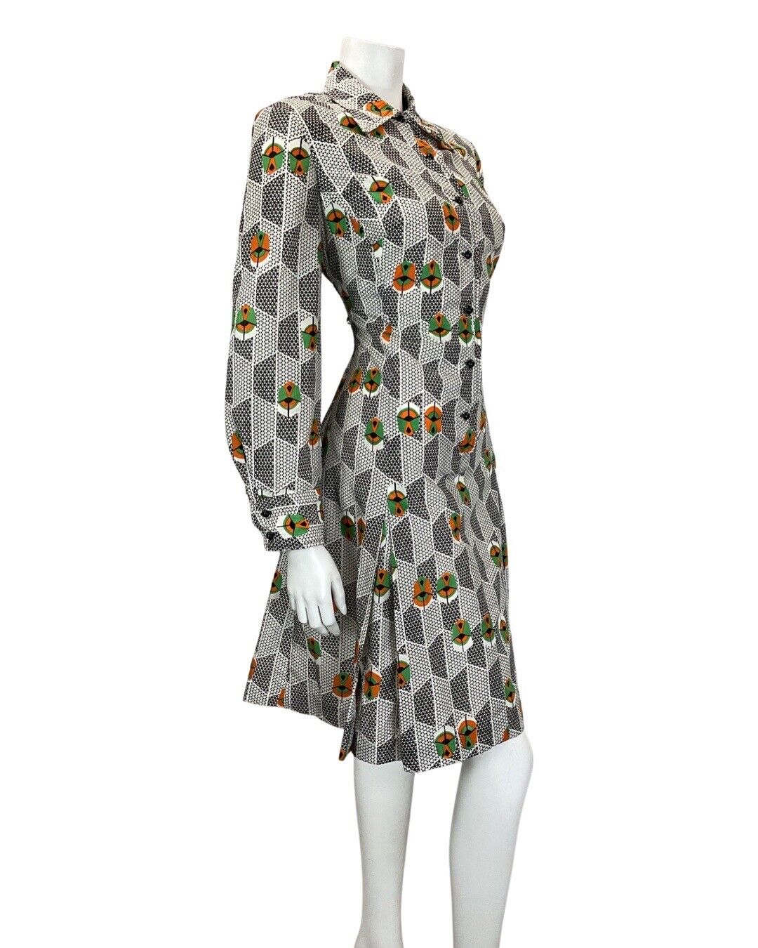 VINTAGE 60s 70s WHITE BLACK GREEN GEOMETRIC DAGGER COLLAR SHIRT DRESS 12 14
