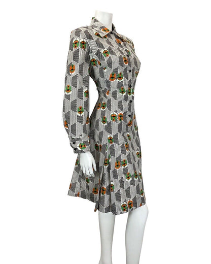 VINTAGE 60s 70s WHITE BLACK GREEN GEOMETRIC DAGGER COLLAR SHIRT DRESS 12 14