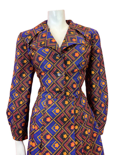VTG 60s 70s BLUE YELLOW RED FLORAL DAISY CHECKED MOD DAGGER SHIRT DRESS 14 16