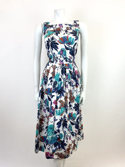 VINTAGE 60s 70s WHITE BLUE BROWN FLORAL SLEEVELESS SWING SUMMER DRESS 10 12