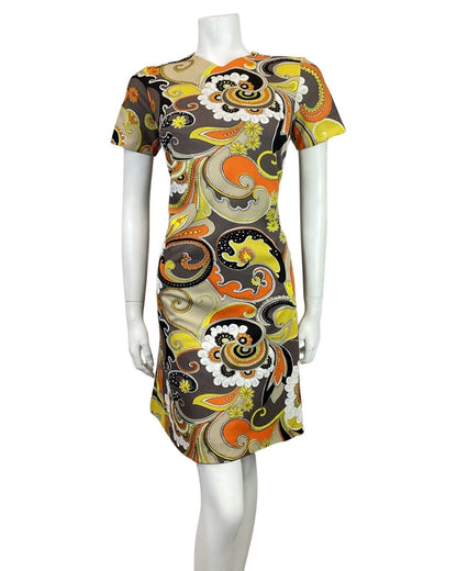 VINTAGE 60s 70s GREY YELLOW BLACK ORANGE PSYCHEDELIC MANDALA FLORAL MOD DRESS 12