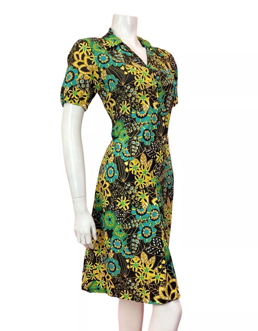 VINTAGE 60s 70s BLACK GREEN YELLOW PSYCHEDELIC FLORAL MANDALA SHIRT DRESS 10 12