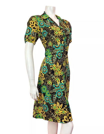 VINTAGE 60s 70s BLACK GREEN YELLOW PSYCHEDELIC FLORAL MANDALA SHIRT DRESS 10 12