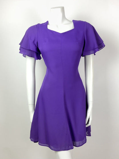 VINTAGE 60s 70s VIOLET PURPLE FLUTTER SLEEVE FLOATY SHORT DRESS 8