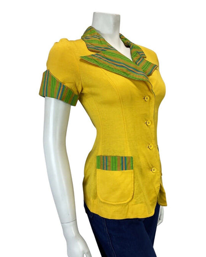 VINTAGE 60s 70s YELLOW GREEN ORANGE STRIPED MOD SHORT SLEEVE BLOUSE 8