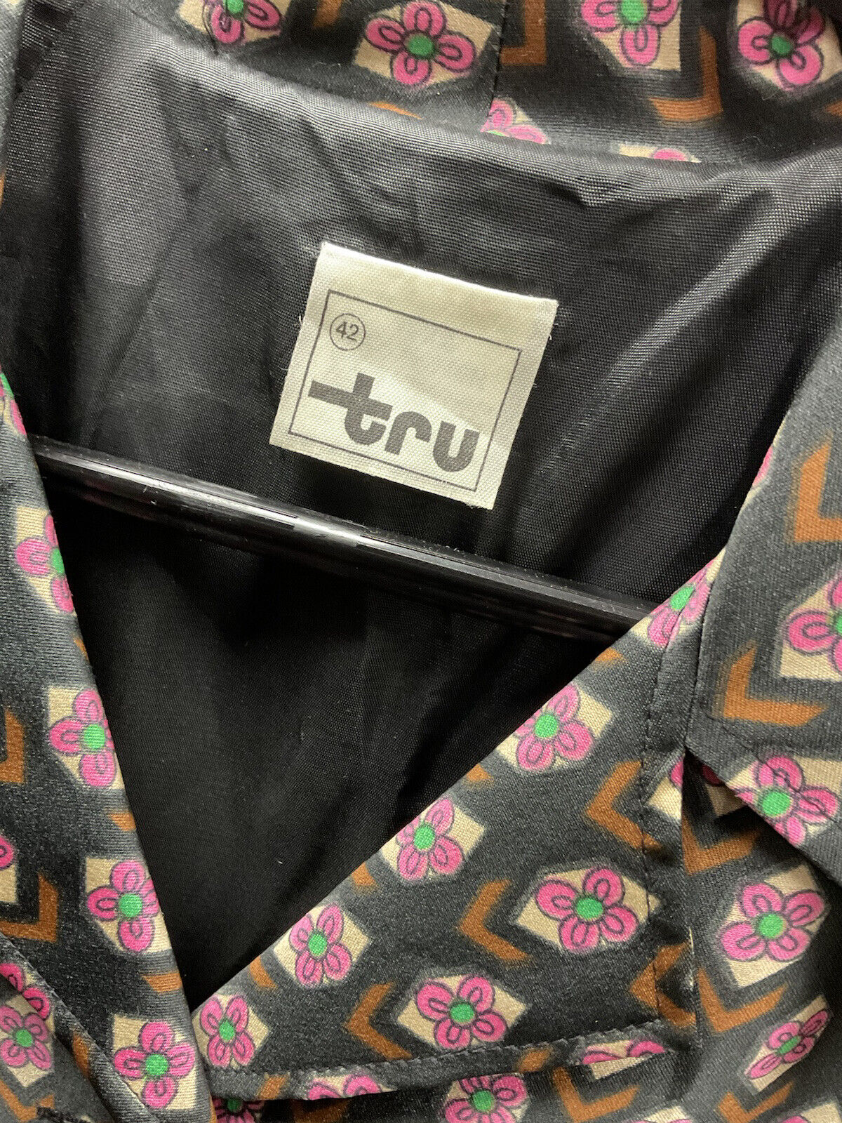 VTG 60s 70s BLACK GREEN PINK PSYCHEDELIC GEOMETRIC DAISY DAGGER SHIRT DRESS 14