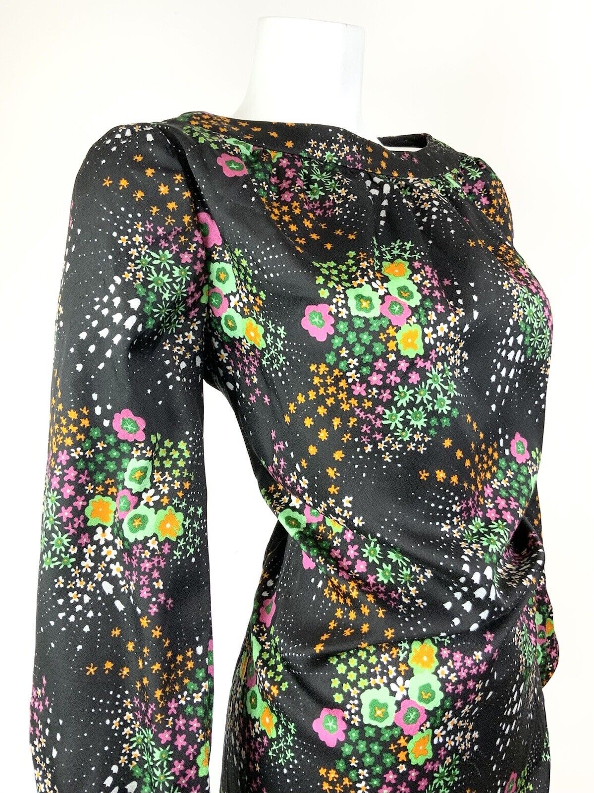 VTG 60s 70s BLACK GREEN PINK WHITE DOTTY FLORAL PSYCHEDELIC SHIFT DRESS 14 16