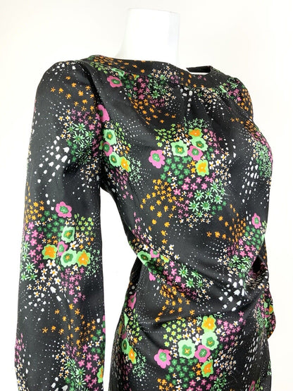 VTG 60s 70s BLACK GREEN PINK WHITE DOTTY FLORAL PSYCHEDELIC SHIFT DRESS 14 16