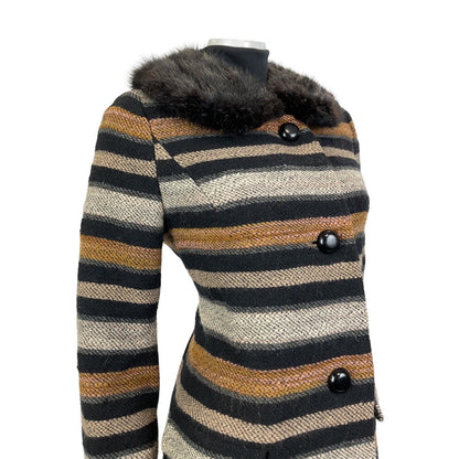 VINTAGE 60s 70s BLACK WHITE ORANGE STRIPED FUR COLLAR MOD WOOL SWING COAT 14 16