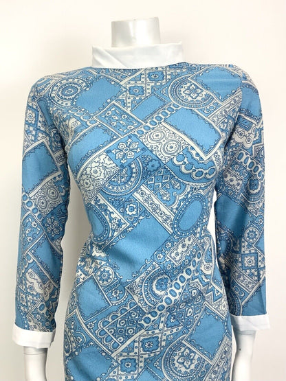VTG 60s 70s BLUE WHITE PSYCHEDELIC MANDALA MOROCCAN TILED MOD SHORT DRESS 12 14