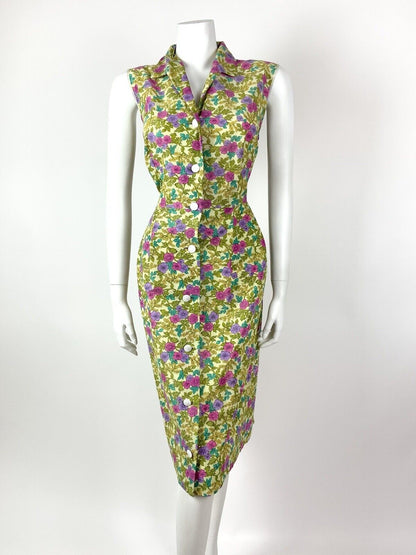VINTAGE 60s 70s GREEN PINK PURPLE YELLOW FLORAL SLEEVELESS SHIRT DRESS 14 16