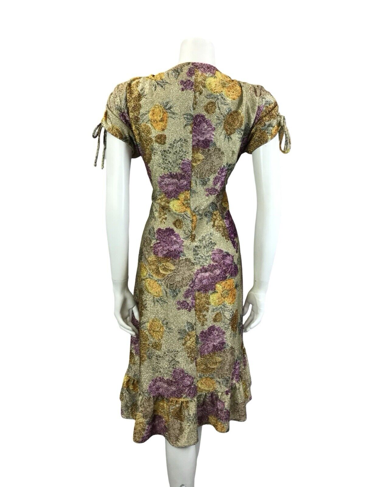 VTG 60S GOLD YELLOW PURPLE LUREX GLITTERING FLORAL V NECK PARTY DRESS 12 14 M