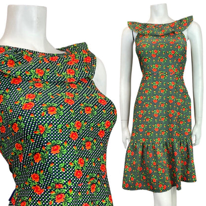 VINTAGE 60s 70s BLUE GREEN ORANGE POLKA-DOT FLORAL ROSE RUFFLE SUMMER DRESS 4