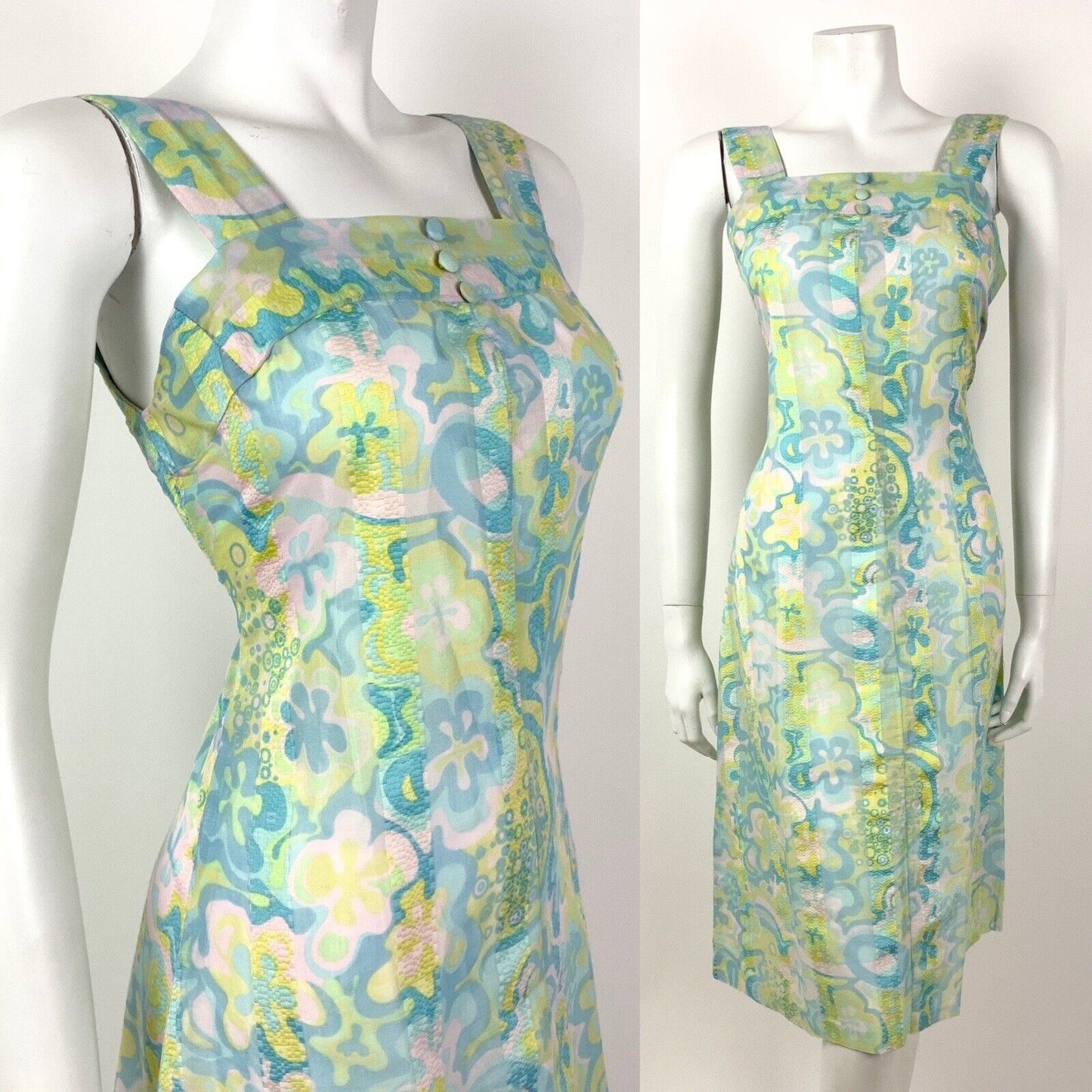 VTG 60s 70s BLUE PINK YELLOW GREEN PSYCHEDELIC FLORAL SLEEVELESS PINNY DRESS 10