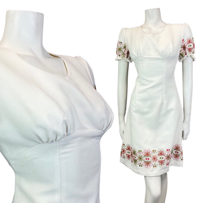 VINTAGE 60s 70s WHITE RED GREEN EMBROIDERED FLORAL PUFF SLEEVE MOD DRESS 8 10