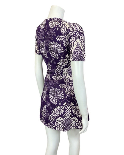 VINTAGE 60s 70s VIOLET PURPLE WHITE AZTEC GEOMETRIC MOD SHORT DRESS 10 12