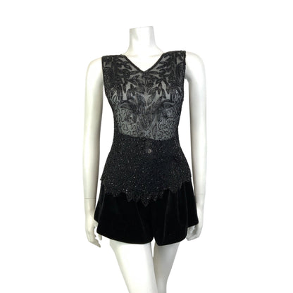 VINTAGE 60s 70s BLACK FLORAL SQUIGGLE SEQUIN BEADED SHEER SLEEVELESS TOP 12 14