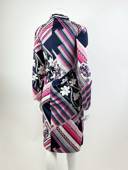 VINTAGE 60s 70s BLUE PINK WHITE PSYCHEDELIC STRIPED FLORAL BOW SHIRT DRESS 14 16