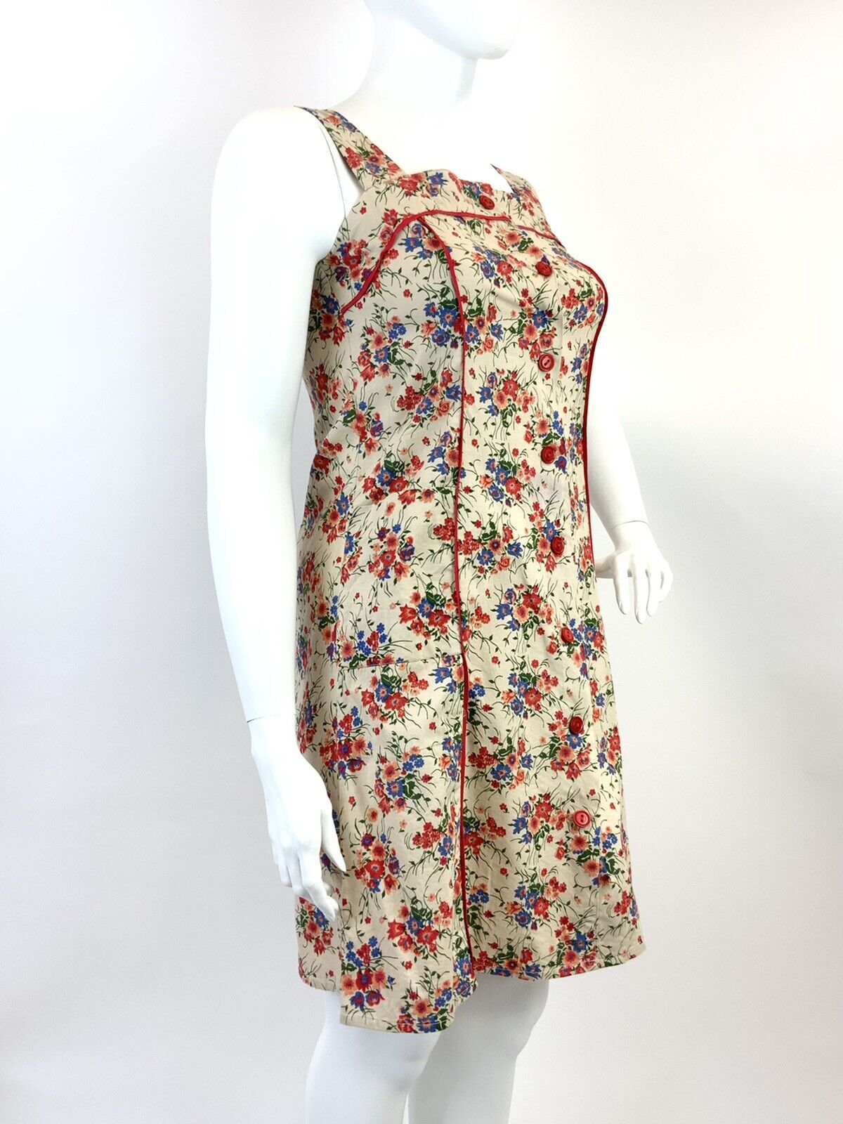 VTG 60s 70s BEIGE RED BLUE GREEN FLORAL VINE BOHO APRON PINAFORE SUMMER DRESS 14
