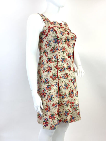 VTG 60s 70s BEIGE RED BLUE GREEN FLORAL VINE BOHO APRON PINAFORE SUMMER DRESS 14