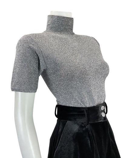 VINTAGE 70s SILVER GLITTER HIGH-NECK SHORT SLEEVE FITTED LUREX BLOUSE TOP 6 8