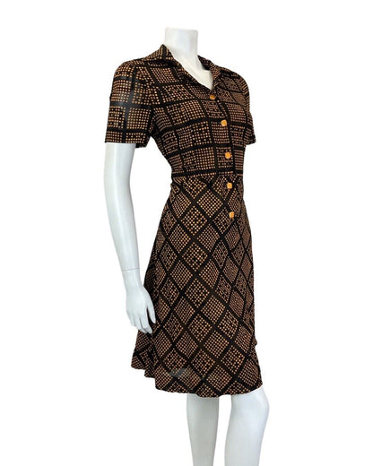VINTAGE 60s 90s BLACK ORANGE DOTTY GRID CHECKED DAGGER COLLAR MOD SHIRT DRESS 10