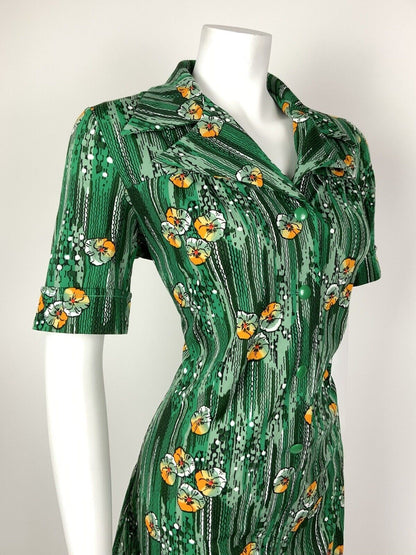 VINTAGE 60s 70s GREEN WHITE ORANGE STRIPED FLORAL DAGGER SHIRT DRESS 14 16