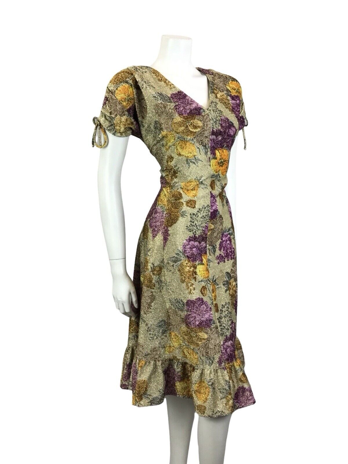 VTG 60S GOLD YELLOW PURPLE LUREX GLITTERING FLORAL V NECK PARTY DRESS 12 14 M